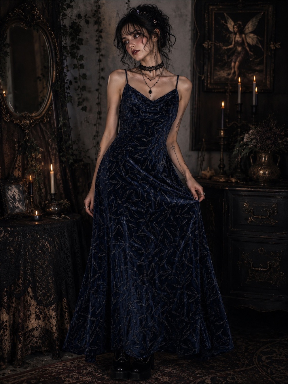 Gunne Sax Navy Blue Glitter Floral Maxi Dress